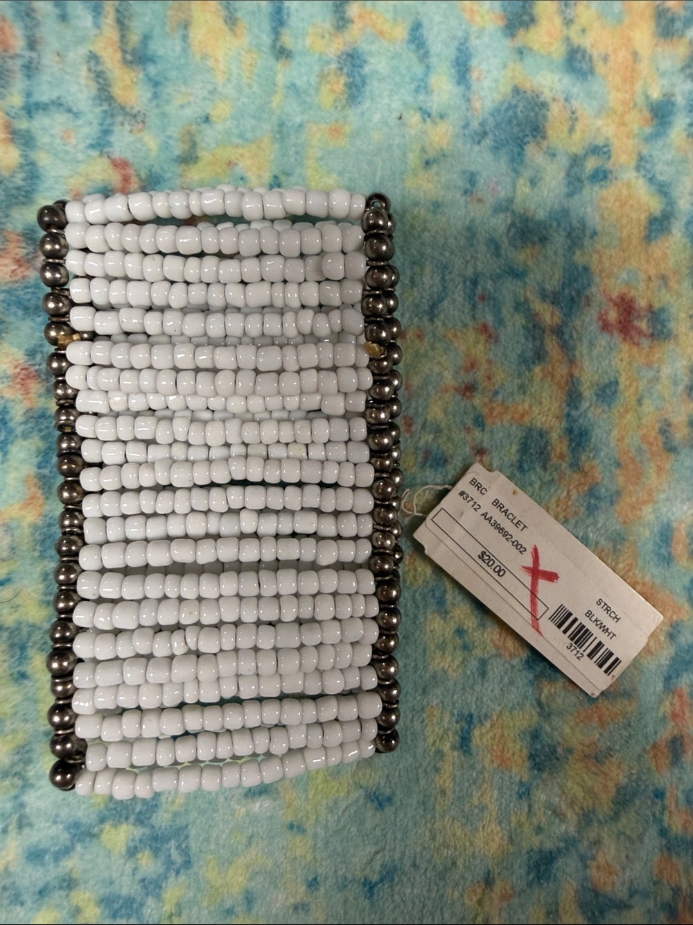 White Beaded Stretch Bracelet with Gunmetal Accent Beads
